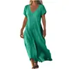 Vestido de mujer de color liso, cuello en V, ajuste holgado, imitación de algodón, comercio exterior transfronterizo europeo y americano, sitio independiente Amazon Wish