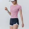 Top deportivo ligero y fresco de verano para mujer, camiseta corta de cuello redondo, ropa de fitness sexy ajustada, camiseta moderna de secado rápido