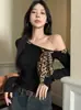 Blusa de Tricô com Estampa de Leopardo, Cadarço, Ombro a Ombro e Manga Longa para Mulheres, Outono Inicial, Macia e Emagrecedora