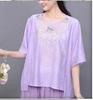 Camisa Vintage Bordada 2025 Cuello Redondo Top de Algodón Lino Verano Artístico Combinable Media Manga Camisa Pequeña para Mujer