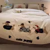 Juego de Ropa de Cama de Cuatro Piezas 100% Algodón Puro con Dibujos Animados Cepillado Otoño/Invierno Sábana de Toalla Engrosada Funda de Edredón Suministros para Dormitorio de Estudiantes