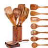 Espátula de madera de acacia, juego de 7 utensilios de cocina de madera, espátula de madera de teca, cuchara para ensalada, cuchara para mezclar, cuchara para fideos, colador