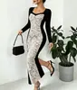 Vestido Midi de Encaje Blanco y Negro con Estampado Geométrico, Manga Larga, Corte Ajustado, Abertura Lateral, Ceñido a la Cadera, Vestido de Noche para Mujer