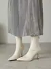 Botines Europeos de Estación Puntiagudos Elásticos Adelgazantes Invierno Nuevos Simples Marrones con Cremallera Trasera Modernos de Tacón Alto Fino para Tobillo Mujer