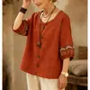 2026 Amazon Verano Transfronterizo Europeo y Americano Camiseta Superior Casual Suelta de Algodón y Lino Bordada Vintage de Color Sólido Cuello Manga Media