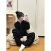 Pijama Preto com Capuz e Zíper Meio Fleece Estilo Coreano para Mulheres Outono Inverno Novo Cardigã de Tricô Pode Ser Usado Fora de Casa Conjunto de Roupas
