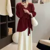 Suéter de Tricô Vermelho Estilo Chinês Novo para Ano Novo Feminino, Outono e Inverno, Cintura com Amarração, Comprimento Médio, Tamanho Grande