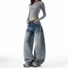 Pantalones de Pierna Ancha Adelgazantes de Cintura Alta Media-Baja Vintage Lavado con Diseño Degradado de Caída Forma de Pera Retro