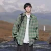 Camisa a cuadros retro cepillada estilo Hong Kong para hombre, manga larga, temporada de primavera y otoño, tacto de alta calidad, camisa, chaqueta casual, cárdigan