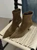 Botas Curtas Chuyuji Estilo Coreano Retrô Camurça Bico Fino Salto Agulha para Mulheres, Outono e Inverno Vintage Elásticas Versáteis Slim Fit