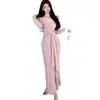 Vestido Irregular Largo de Manga Larga con Fruncido en la Cintura, Color Sólido, Cuello en V Cruzado para Mujer, Estilo Elegante de Socialité, Adelgazante, para Primavera y Otoño