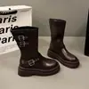Botas de motocicleta estilo retrô britânico com fivela de cinto para mulheres, botas Martin de cano médio com sola grossa e salto grosso para outono e inverno, botas curtas Melard