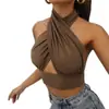 Colete Feminino de Verão Sexy Cor Sólida Gola Cruzada Sem Mangas Costas Abertas Top Feminino para Festa Slim