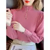 Suéter de gola alta discreta feminino OEM, peça básica estilosa para outono e inverno, novo estilo 2026 de suéter de tricô com mangas bufantes