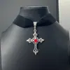 Colar Choker Veludo Preto Cruz com Pedra Gema Vermelha Escura Gótico Mais Vendido Transfronteiriço Acessórios de Estilo Escuro