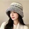 Chapéu de tricô jacquard Fair Isle para mulheres, outono e inverno, aba de pelúcia espessa, chapéu de pescador, quente, proteção para as orelhas, faz o rosto parecer menor, chapéu bucket