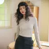 Nova Roupa Feminina de Outono e Inverno Base de Lã Tencel Lyocell Top Feminino de Gola Redonda Lã Quente Manga Longa