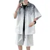 L-9XL Verano Nuevo Talla Grande Traje de Shorts de Manga Corta de Seda Helada para Hombres, Deportivo Casual, Holgado, Transpirable, Estampado y Teñido Degradado