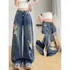 Jeans wide leg rasgado retro americano 2026 feminino verão desfiado fluido versátil reto comprimento total