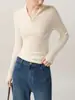 Suéter tejido de punto con cuello alto medio con cremallera, ajuste ceñido, cuello en V, manga larga, capa base de lana sin costuras, suéter adelgazante para mujer 2026 Otoño/Invierno
