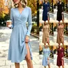 2026 Europeu e Americano Transfronteiriço Novo Estilo Cor Sólida Decote V Cintura Dobra Cruzada Manga Longa Comprimento Midi Vestido Longo Vestuário Feminino