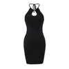 Vestido de Punto Calado con Cuello Halter Estilo Puro Deseo para Mujer, Favorecedor de la Figura sin Espalda, Vestido Corto Sexy Ajustado al Cuerpo Amarillo