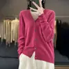 Cárdigan de punto sin costuras de una pieza para otoño e invierno, cuello en V, 100% lana tejida, color liso, chaqueta superior de estilo coreano simple para mujer