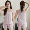 Explosões de Verão Novas Tamanho Plus Feminino Confortável Simples Colete Roupas de Casa Pijama Conjunto de Duas Peças Shorts Largos