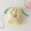 Bolsa de maquiagem de tecido xadrez estilo estudante com cordão, nécessaire de viagem portátil para meninas, com fechamento de cordão, para guardar fones de ouvido, cabos de dados e outros itens pequenos