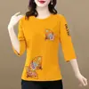 Camiseta de manga tres cuartos para mujer de comercio exterior transfronterizo, adecuada para madres de mediana edad, corte holgado, talla grande, adelgazante, top que cubre el abdomen, camiseta básica