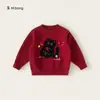 Ropa para Niños Bangxuan Primavera y Otoño Ropa Interior para Niños Top Rojo Tejido Suéter para Niños Pequeños Gato de Dibujos Animados Suéter para Niñas
