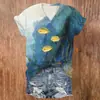 Ropa para Mujer Estilo Coreano Diseño de Cuello en V Sentido del Diseño Top Casual Camiseta para Mujer Manga Corta Estilo Pececito Impresión 3D Envío Directo de Fábrica