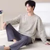 Pijamas Masculinos de Algodão Puro de Manga Comprida para Adolescentes e Estudantes para Casa, Conjunto de Duas Peças, Primavera e Outono 2025
