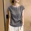 Camisa feminina cinza de cadarço, manga curta, nova moda verão 2026, design que rejuvenesce e emagrece, top com acabamento em renda