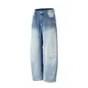 Jeans de Mezclilla Lavada con Degradado Americano para Hombre Pantalones de Papá Sueltos Casuales Arrugados Desgastados de Lavado Ácido Pierna Ancha Largos Versátiles