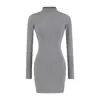 Vestido Cinza de Gola Alta e Manga Longa para Mulheres, Vestido Interno Justo para Primavera e Outono, Justo ao Corpo, Saia Curta que Marca o Quadril