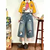 ChaoLi Youhuo 2026 Jeans Cropped de Caimento Solto Emagrecedor para Figuras Baixas com Bordado de Cachorrinho, Calça Reta de Cintura Alta Wide-Leg de Comprimento Médio