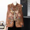 Novo Colete Estampado Estilo Chinês Feminino para Mãe de Meia-Idade e Idosa Jaqueta Manto com Botão de Sapo Gola Alta Emagrecedor Estiloso Colete Estilo Chinês