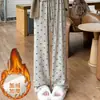 Calça Mochi Estampada Off-White para Mulheres, Outono e Inverno, Cintura Alta, Petite, Perna Larga, Reta Casual, Macia e Confortável para Caminhada
