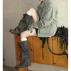 Botas de Cano Alto Femininas Retro Bico Redondo Salto Bloco Nova Versátil Cadarço Amassado Empilhado Emagrecedor Cano Alto Botas de Equitação
