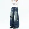 Jeans Anchos Rasgados de Retazos con Diseño Retro Americano para Hombres y Mujeres Estilo Wasteland Desgastados Rasgados
