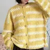 Cardigan casual retrô listrado ondulado de gola redonda de abotoamento simples para mulheres, casaco de tricô grosso e solto para outono e inverno