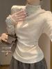 Camiseta Base de Cachemir de Doble Cara con Encaje y Cuello Semi-Alto para Mujer, Estilo Puro Deseo Primavera 2026 con Bordes Fruncidos, Top Camiseta de Manga Larga