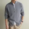 Cardigan de malha masculino yingao estilo old money com zíper duplo, jaqueta de malha para primavera e outono, gola alta, manga longa, novo estilo, suéter para homens de meia-idade