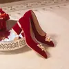 Sapatos de Casamento da Noiva 2025 Primavera e Outono Novo Estilo Salto Bloco Estilo Chinês Vestido de Brinde Cor Vermelho Vinho Sapatos de Casamento Xiuhe para Mulheres Grávidas