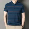 Camiseta de Algodão Respirável com Listras, Amiga da Pele, Manga Curta para Homens 2025 Verão Casual Roupa de Pai de Meia-Idade Camisa Polo de Algodão