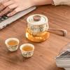 Juego de té con asa lateral de espárragos verdes pintados a mano, bandeja para una tetera, dos tazas, portátil, para exteriores, juego de té de viaje