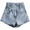 Shorts Jeans de Cintura Alta Estilo Sexy Europeu e Americano para Mulheres Verão Botão Cruzado Design Menina Plus Size mm Perna Larga Shorts Evasê
