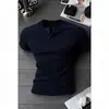 Camisa Henry estilo americano, camisa de manga corta ajustada para hombre, cuello redondo, casual para fitness, secado rápido, color liso, elástica, camiseta básica ajustada, camiseta