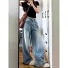Jeans Wide Leg Cintura Alta Desgastado com Barra Flare para Mulheres Tendência Novo Emagrecimento Solto Reto Comprimento Total